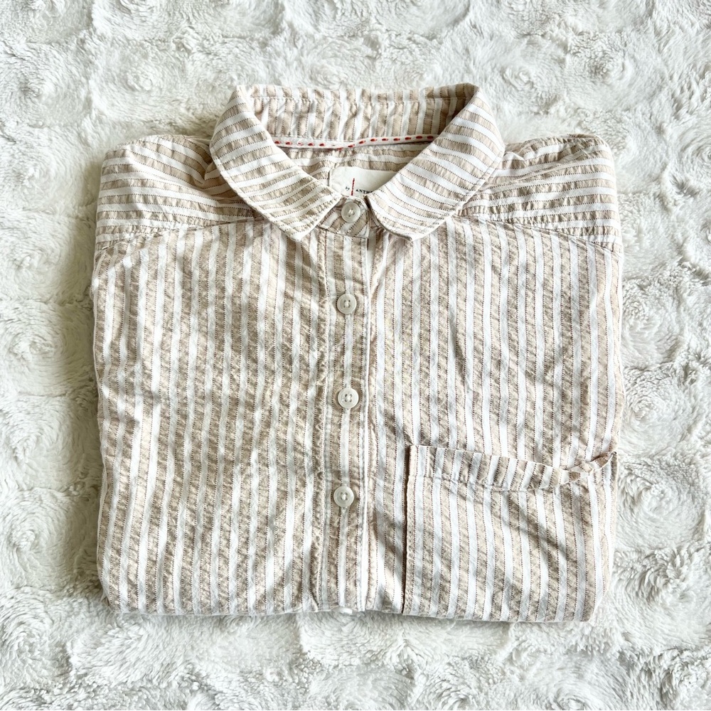 Anthropologie Shirt Blouse Womens XS Beige White Striped Collared Button Up